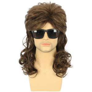 karlery Men Women Long Curly Dark Brown 70s 80s Heavy Metal Rocker Mullet Wig Costume Anime Wig(Dark Brown)