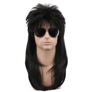 karlery Men Women Long Wavy Black Mullet Wig 70s 80s Punk Rocker Wig for Halloween Costume Cosplay Party