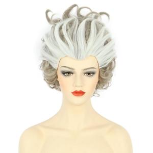 karlery Women Adult Short Curly White and Grey Wig Witch Enchanted Anime Wig for Halloween Cosplay Costume Party