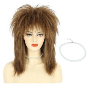 karlery Women Men Long Curly Brown Wig with Necklace 70s 80s Rocker Mullet Costume Wig Halloween Cosplay Party Wig
