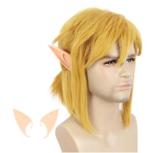 karlery Adult Men Short Wave Blonde Bangs Wig with Elf Ears Halloween Cosplay Costume Party Wig(Short)