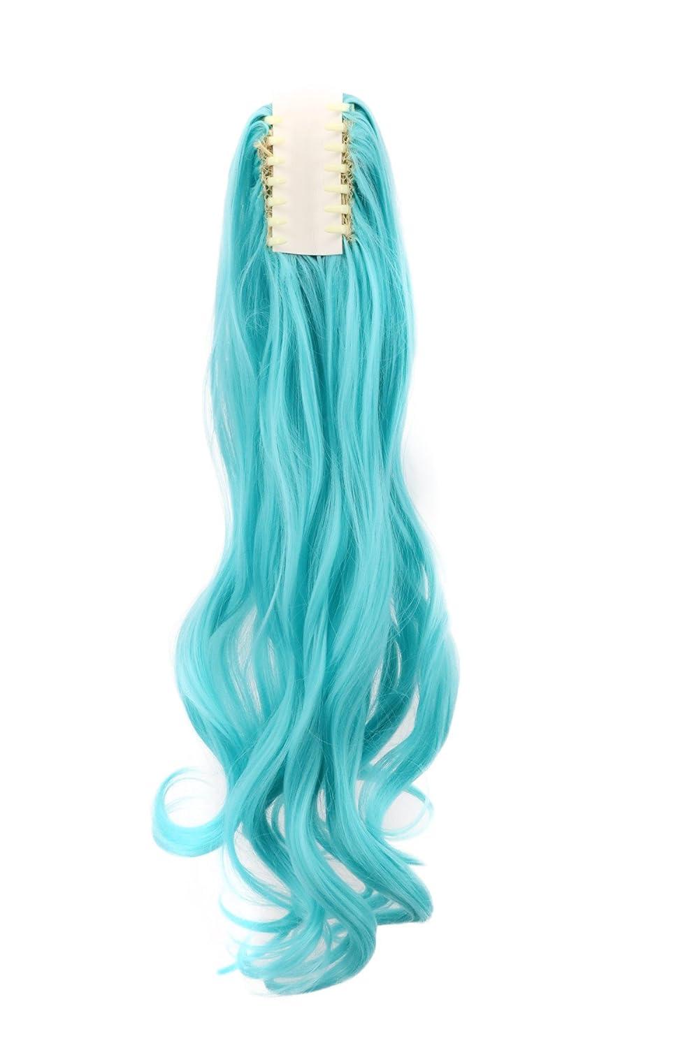 imagekarlery Curly Clip In Thick Claw Drawstring Ponytail Extension Multicolored Hair Pony Tail Hair Extension PinkLake Blue