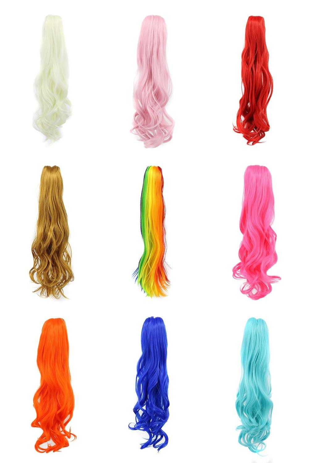 imagekarlery Curly Clip In Thick Claw Drawstring Ponytail Extension Multicolored Hair Pony Tail Hair Extension PinkLake Blue