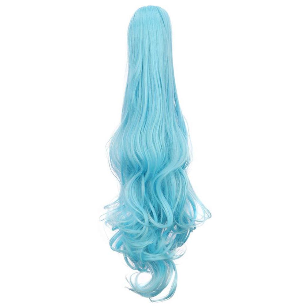 imagekarlery Curly Clip In Thick Claw Drawstring Ponytail Extension Multicolored Hair Pony Tail Hair Extension PinkSky Blue