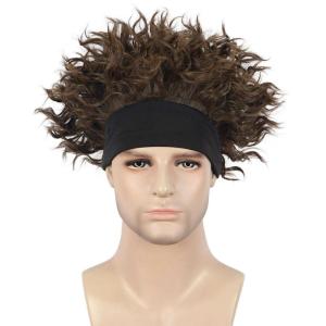 karlery Adult Men Short Curly Brown Wig with Black Headband Football Fans Costume Halloween Cosplay Wig