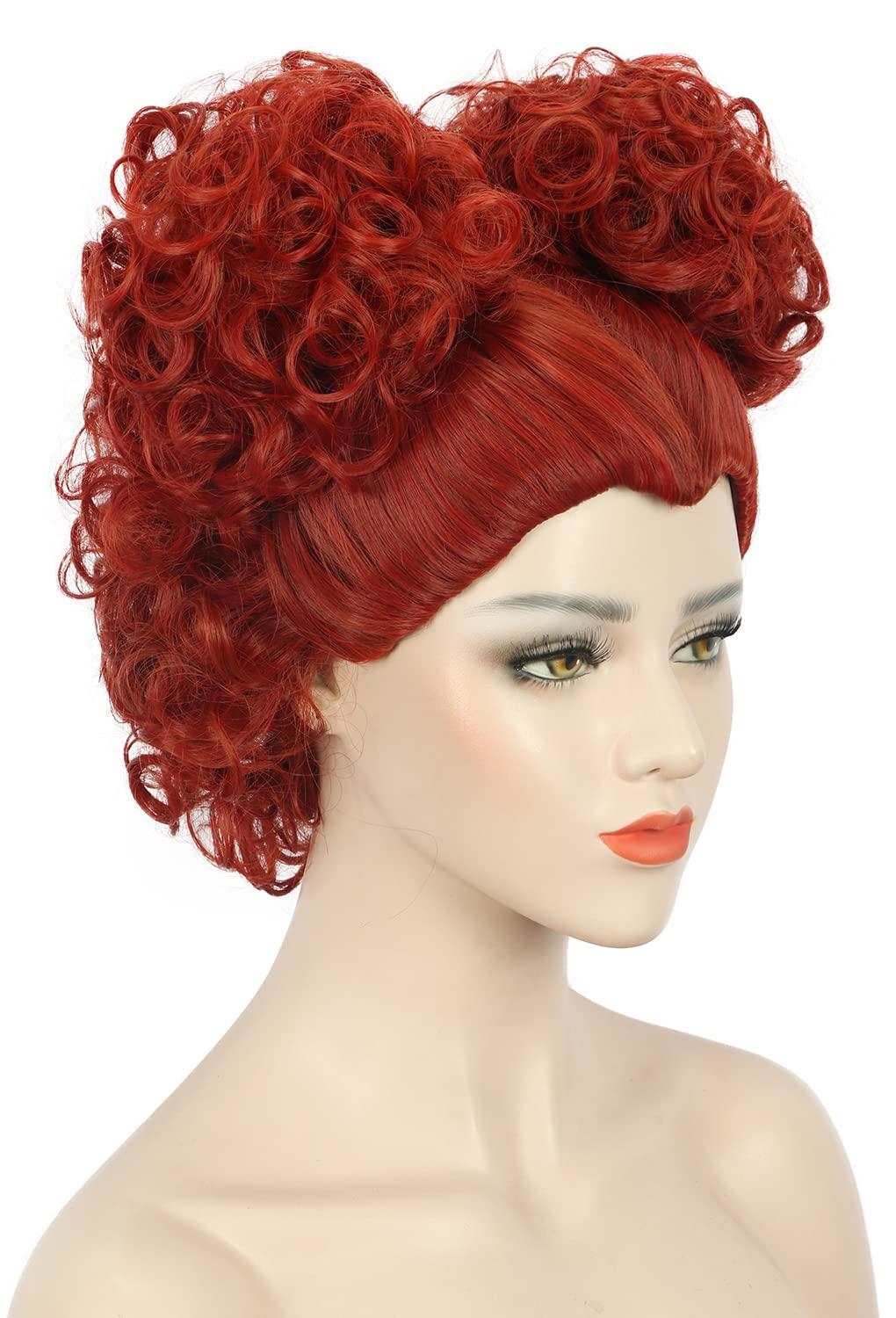 imagekarlery Adult Women Short Curly Red Bud Bal Wig Flat Bangs Updo Chignon Sanderson Costume Wig Halloween Cosplay Party Wig