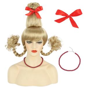 karlery Short Bud Ball Braid Orange Wig Flat Bangs Updo Chignon Cosplay Halloween Costume Party Wig(Blonde)