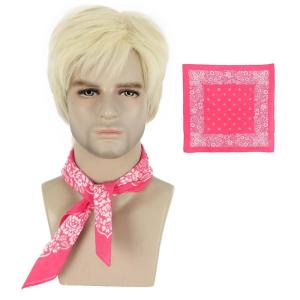 karlery Men Short Blonde Wig with Pink Bandana Natural Looking Daily Wig Halloween Cosplay Party Costume Wig