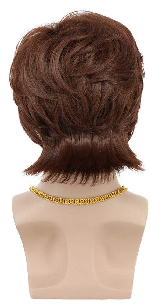 imagekarlery 3 Pieces Men Short Wavy Brown Wig with Necklace Moustache 70s 80s California Hippie Disco Singer Wig for Halloween Costume Party