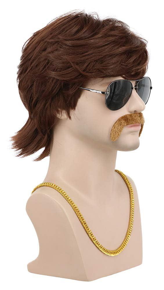 imagekarlery 3 Pieces Men Short Wavy Brown Wig with Necklace Moustache 70s 80s California Hippie Disco Singer Wig for Halloween Costume Party