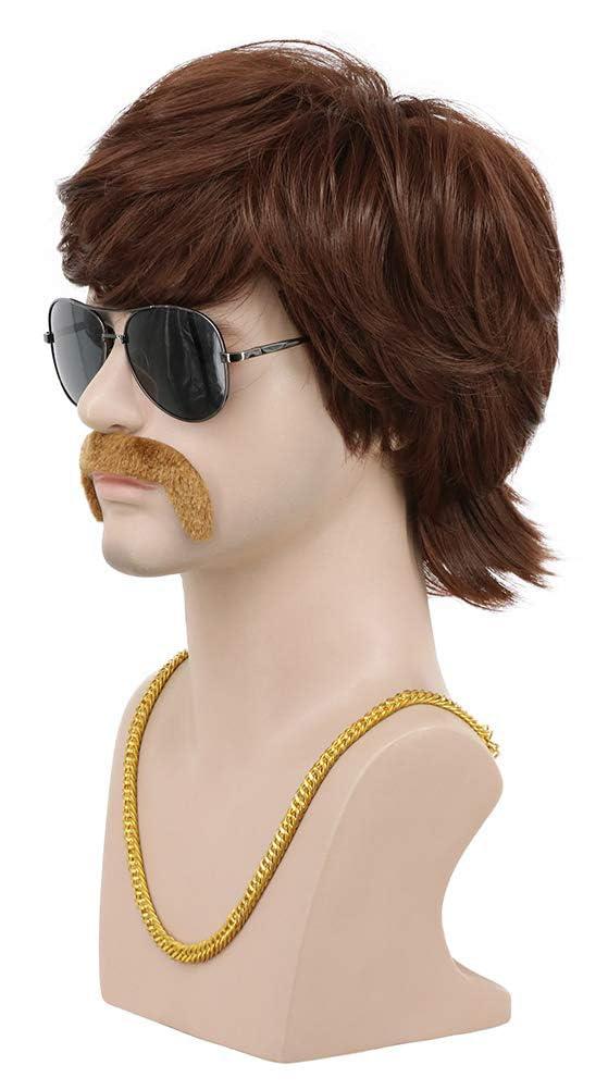 imagekarlery 3 Pieces Men Short Wavy Brown Wig with Necklace Moustache 70s 80s California Hippie Disco Singer Wig for Halloween Costume Party