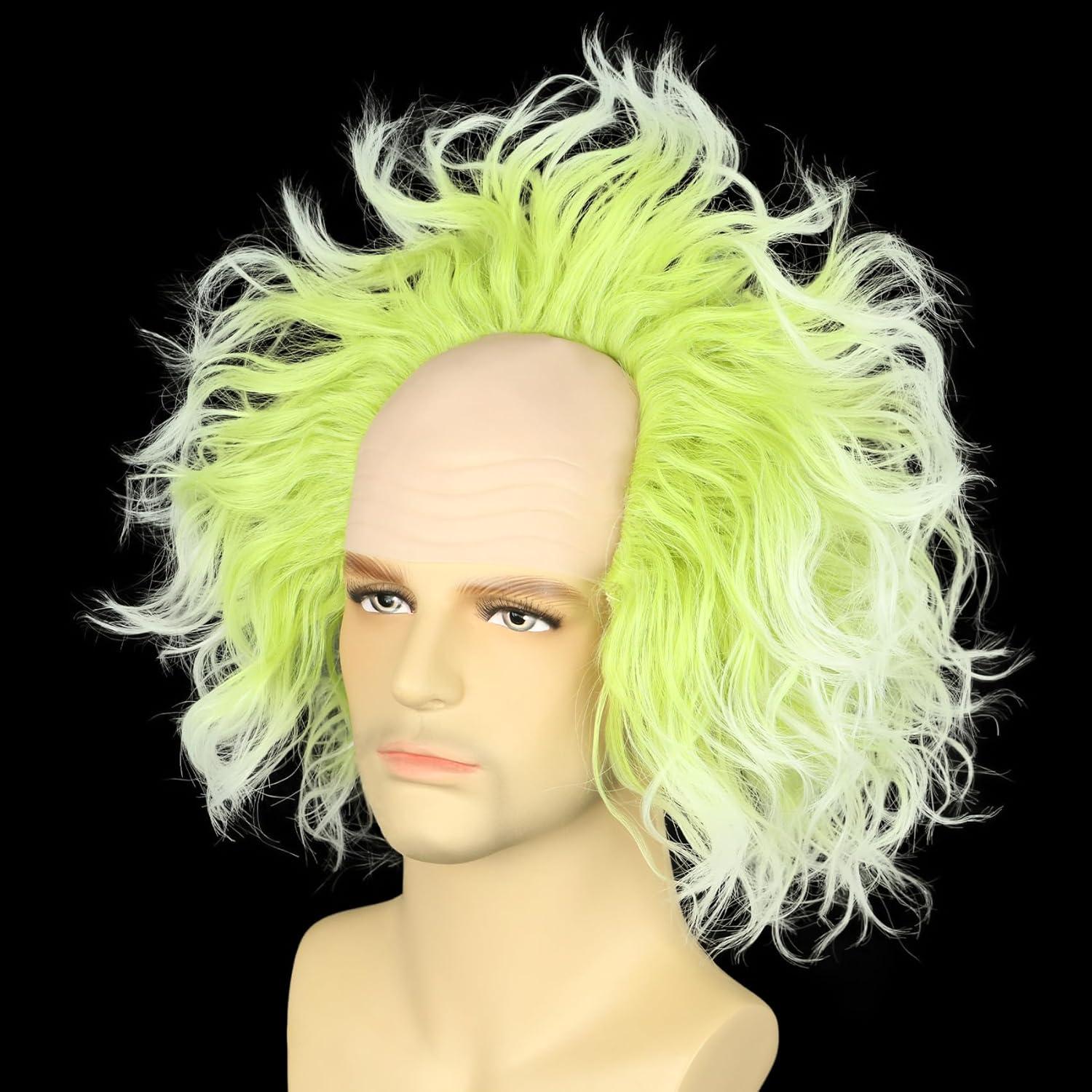 imagekarlery Adult Man Spiky Straight Short White Wig with Moustache Eyebrows Halloween Cosplay Costume Party WigGreen
