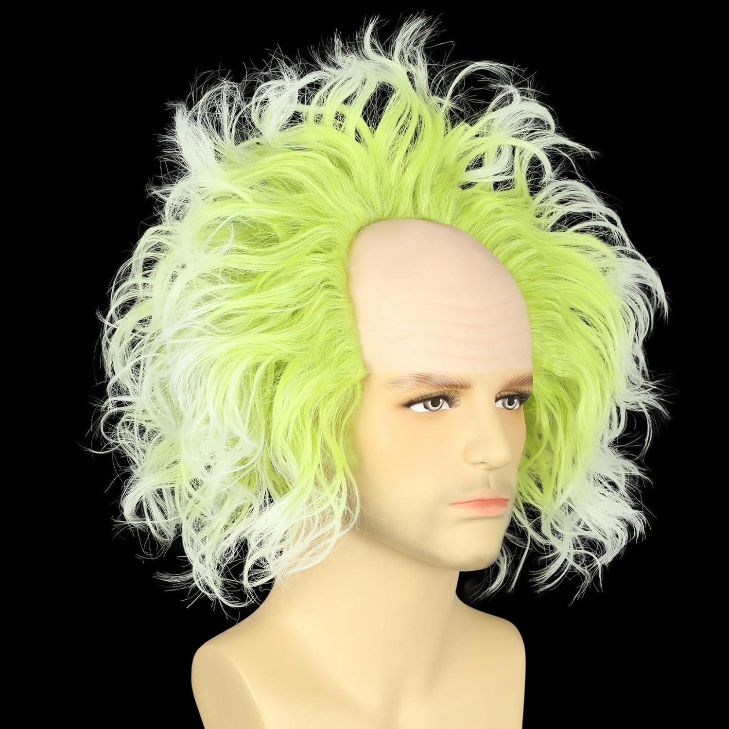 imagekarlery Adult Man Spiky Straight Short White Wig with Moustache Eyebrows Halloween Cosplay Costume Party WigGreen