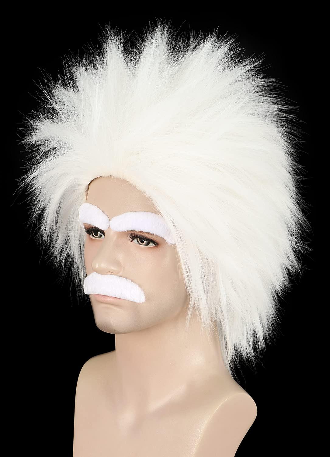 imagekarlery Adult Man Spiky Straight Short White Wig with Moustache Eyebrows Halloween Cosplay Costume Party WigWhite