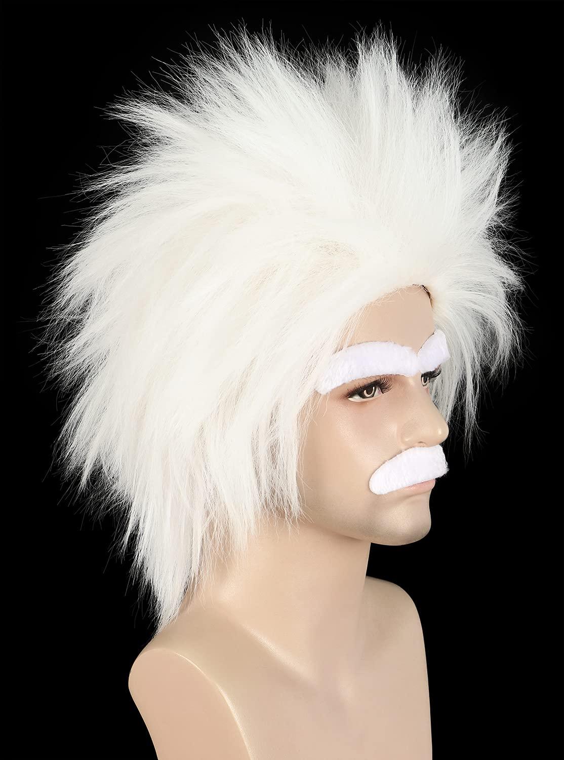 imagekarlery Adult Man Spiky Straight Short White Wig with Moustache Eyebrows Halloween Cosplay Costume Party WigWhite
