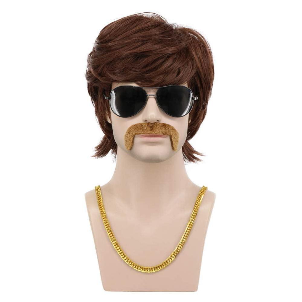 imagekarlery 3 Pieces Men Short Wavy Brown Wig with Necklace Moustache 70s 80s California Hippie Disco Singer Wig for Halloween Costume Party