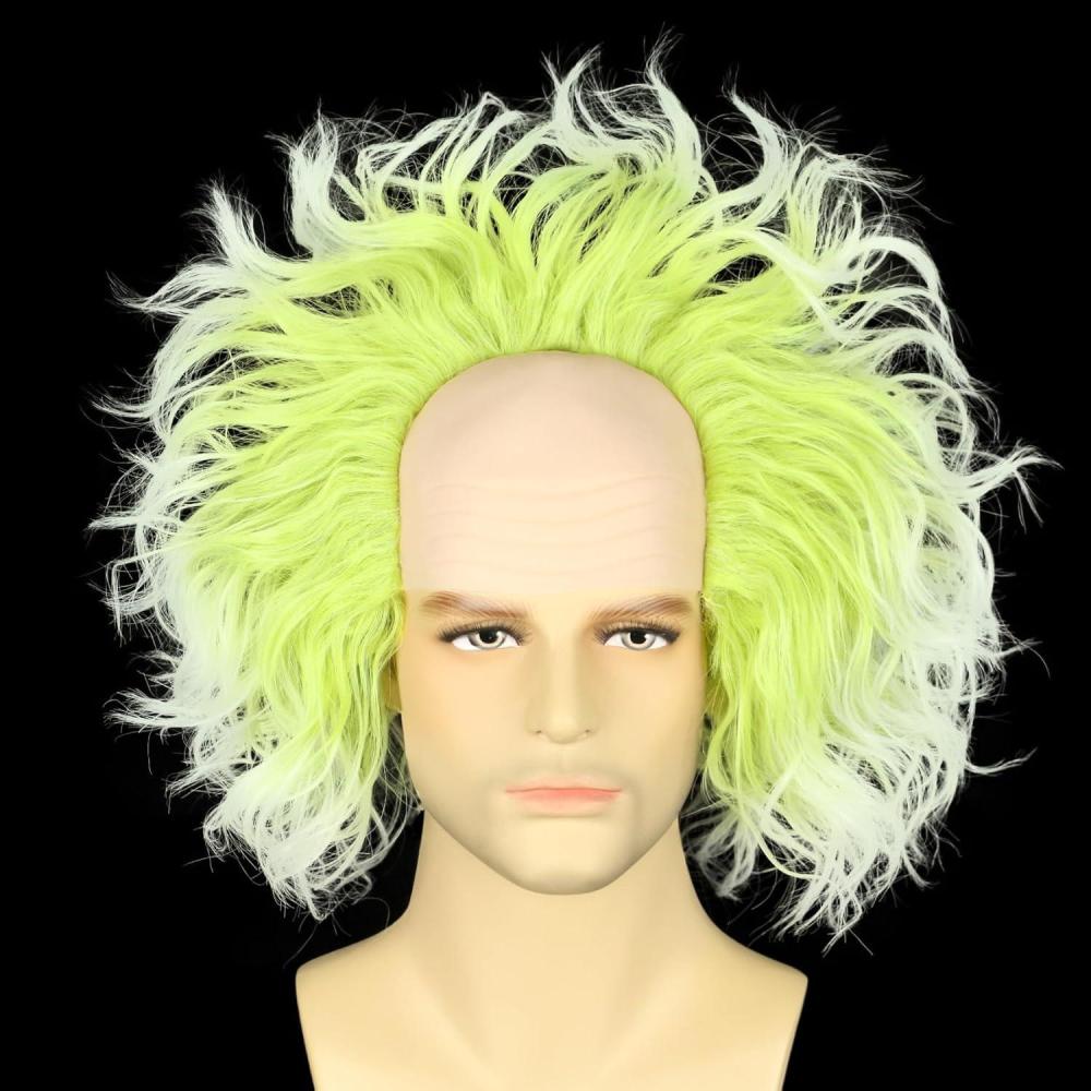 imagekarlery Adult Man Spiky Straight Short White Wig with Moustache Eyebrows Halloween Cosplay Costume Party WigGreen