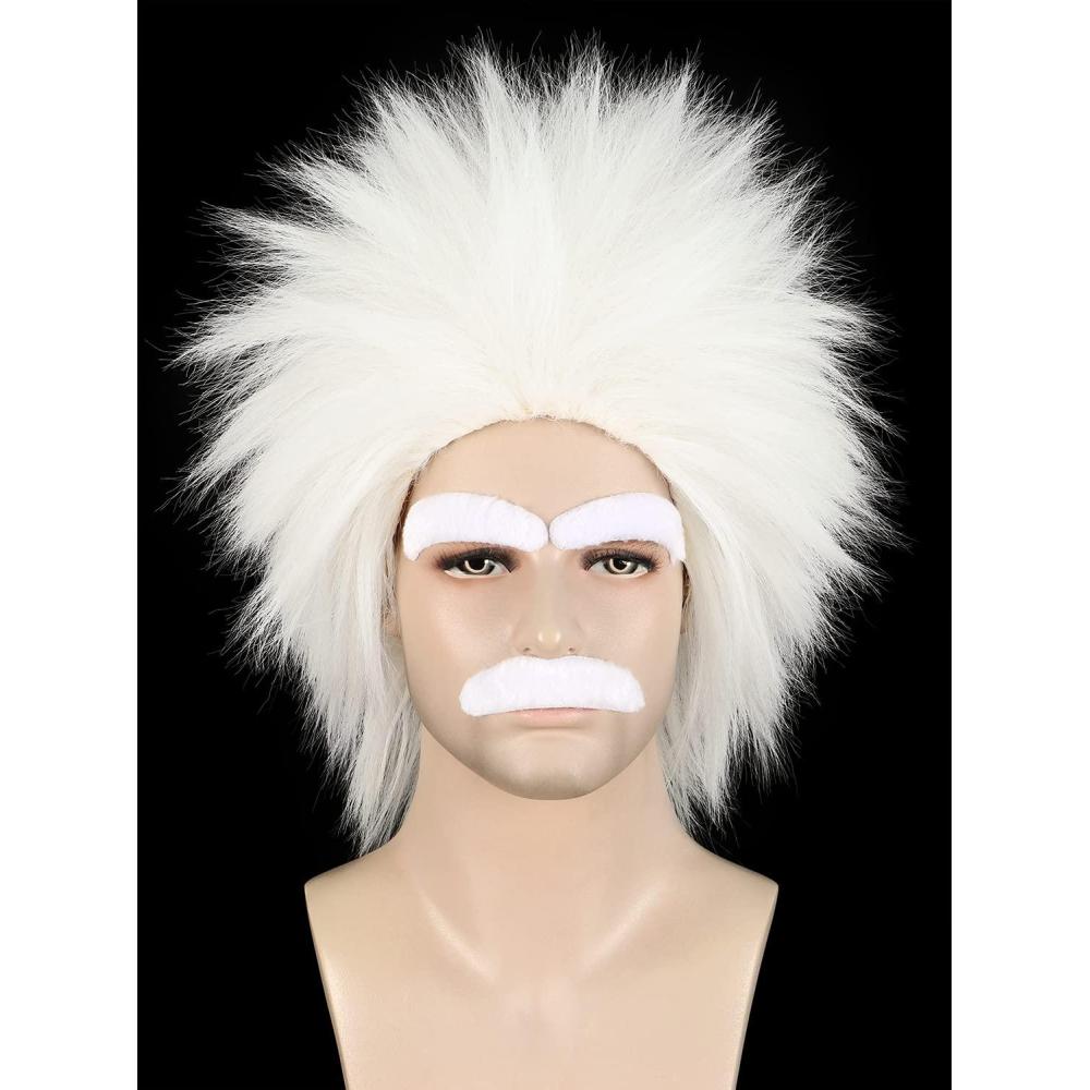 imagekarlery Adult Man Spiky Straight Short White Wig with Moustache Eyebrows Halloween Cosplay Costume Party WigWhite