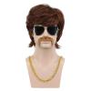 imagekarlery 3 Pieces Men Short Wavy Brown Wig with Necklace Moustache 70s 80s California Hippie Disco Singer Wig for Halloween Costume Party