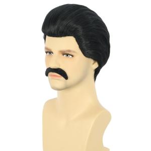 karlery Men Short Black Mustache Wig 70s 80s Rock and roll Singer Wig for Halloween Cosplay Costume Party(Black)