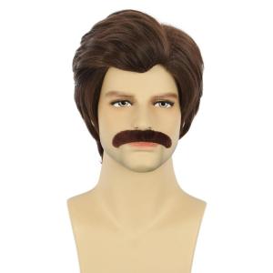 karlery Men Short Black Mustache Wig 70s 80s Rock and roll Singer Wig for Halloween Cosplay Costume Party(Brown)