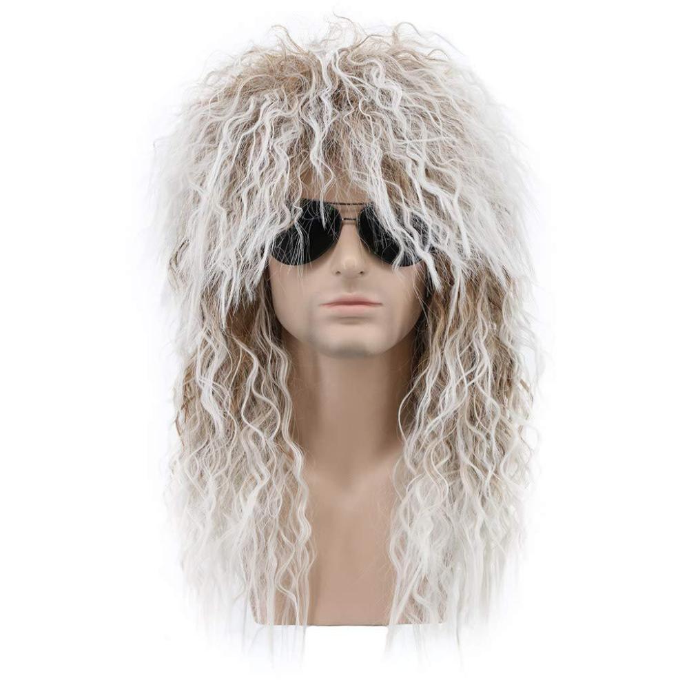 imagekarlery Men and Women Long Curly Brown Gradient White Wig 70s 80s Rocker Mullet Party Funny Wig Costume Wig