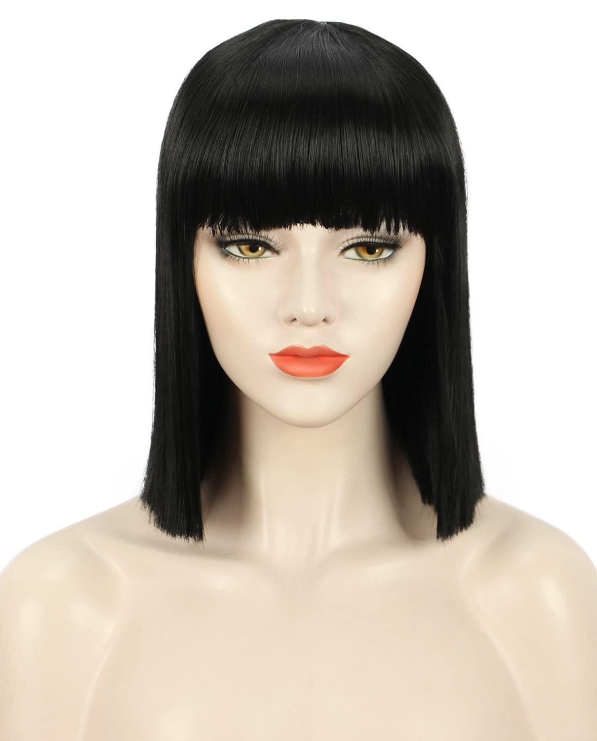 image:imagekarlery Adult Straight Short Hair Red Bob Wig with Flat Bangs Synthetic Wig Natural Looking Daily Halloween Cosplay Party Costume WigBlack