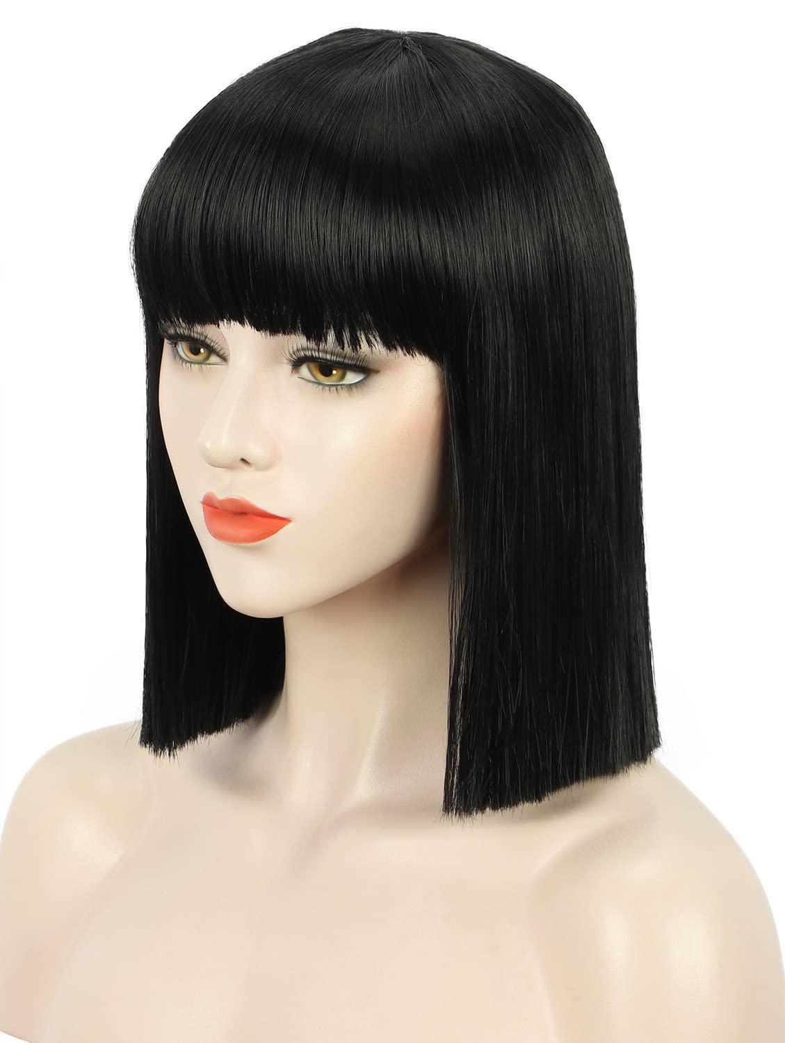 image:imagekarlery Adult Straight Short Hair Red Bob Wig with Flat Bangs Synthetic Wig Natural Looking Daily Halloween Cosplay Party Costume WigBlack