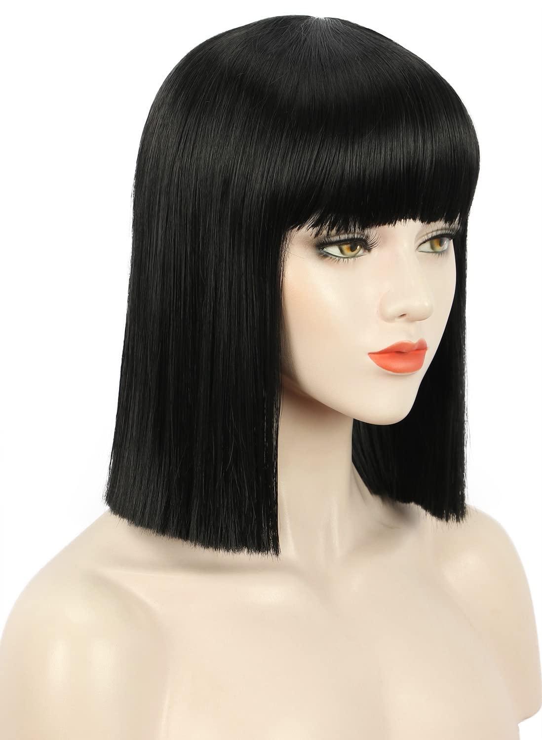 image:imagekarlery Adult Straight Short Hair Red Bob Wig with Flat Bangs Synthetic Wig Natural Looking Daily Halloween Cosplay Party Costume WigBlack