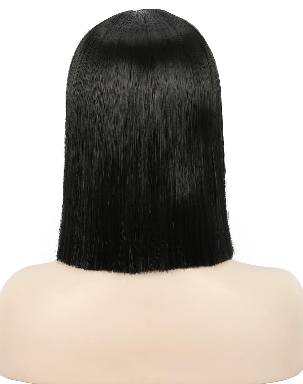 image:imagekarlery Adult Straight Short Hair Red Bob Wig with Flat Bangs Synthetic Wig Natural Looking Daily Halloween Cosplay Party Costume WigBlack