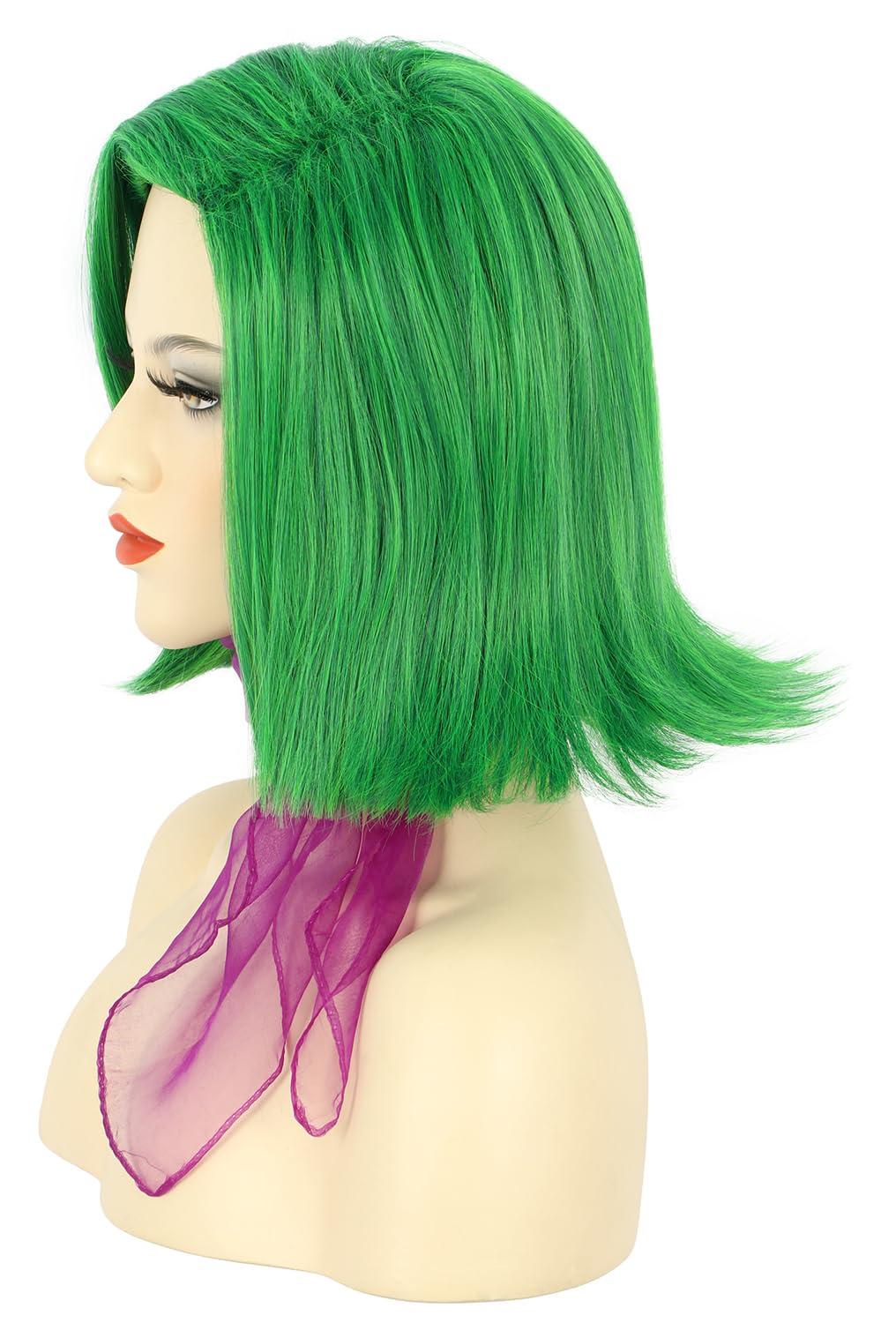 image:imagekarlery Adult Straight Short Hair Red Bob Wig with Flat Bangs Synthetic Wig Natural Looking Daily Halloween Cosplay Party Costume WigGreen Wig with Scarf