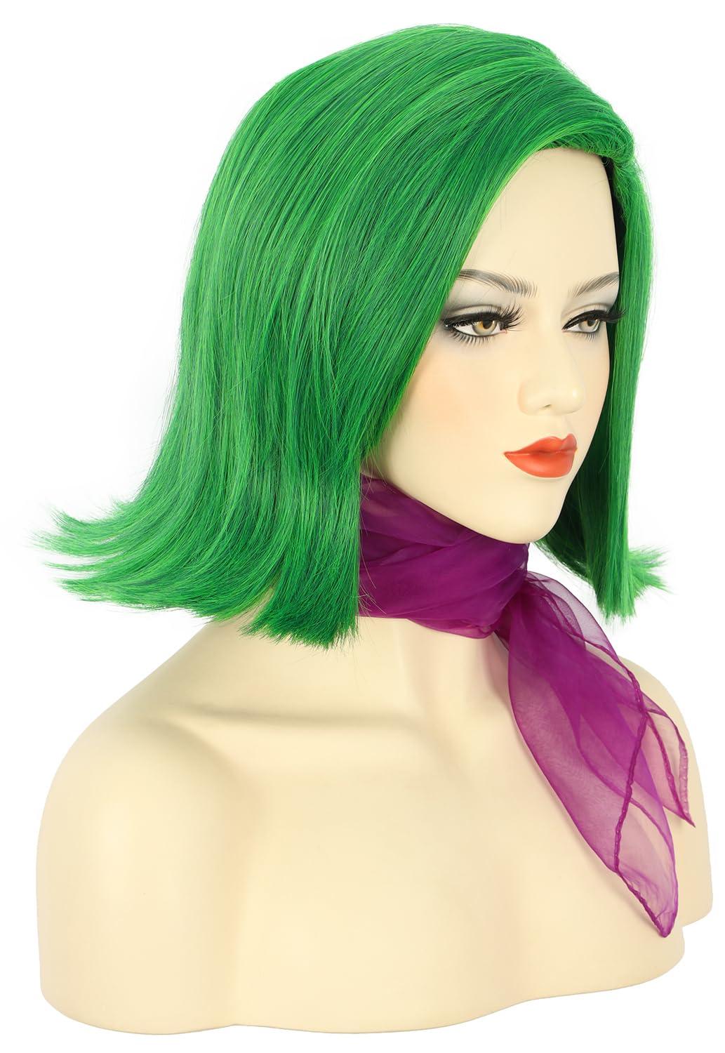 image:imagekarlery Adult Straight Short Hair Red Bob Wig with Flat Bangs Synthetic Wig Natural Looking Daily Halloween Cosplay Party Costume WigGreen Wig with Scarf