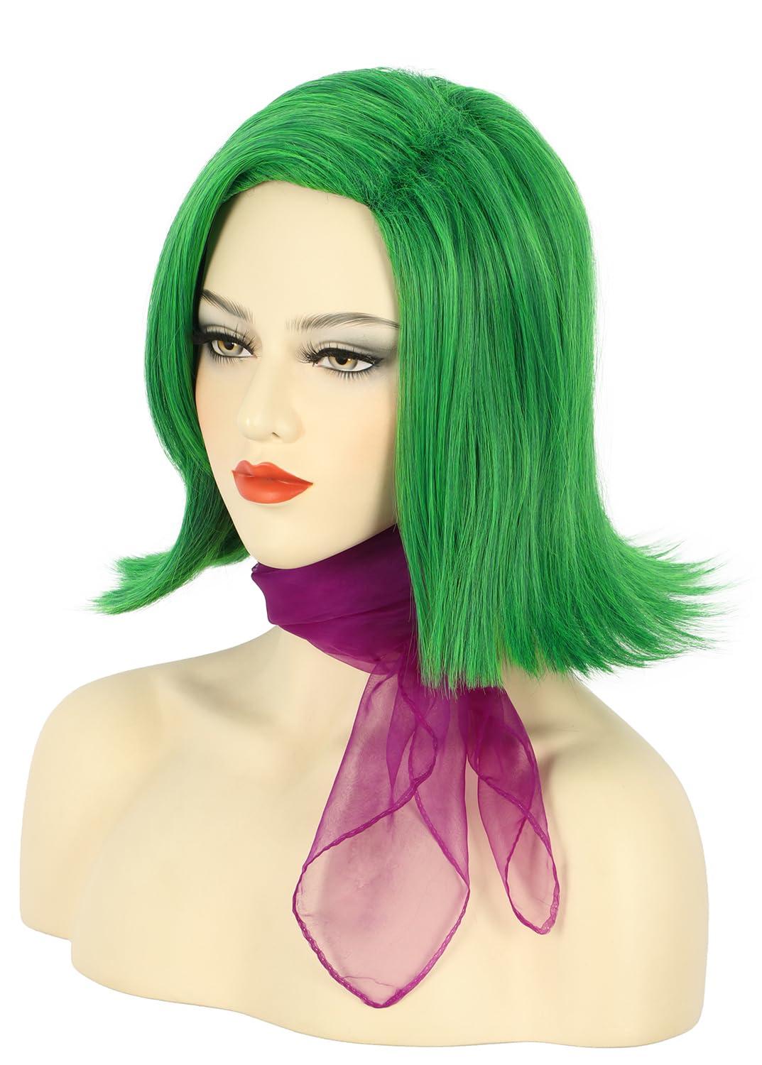 image:imagekarlery Adult Straight Short Hair Red Bob Wig with Flat Bangs Synthetic Wig Natural Looking Daily Halloween Cosplay Party Costume WigGreen Wig with Scarf