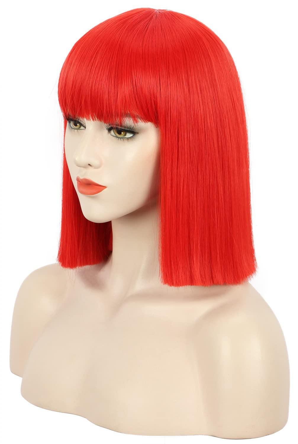 image:imagekarlery Adult Straight Short Hair Red Bob Wig with Flat Bangs Synthetic Wig Natural Looking Daily Halloween Cosplay Party Costume WigRed