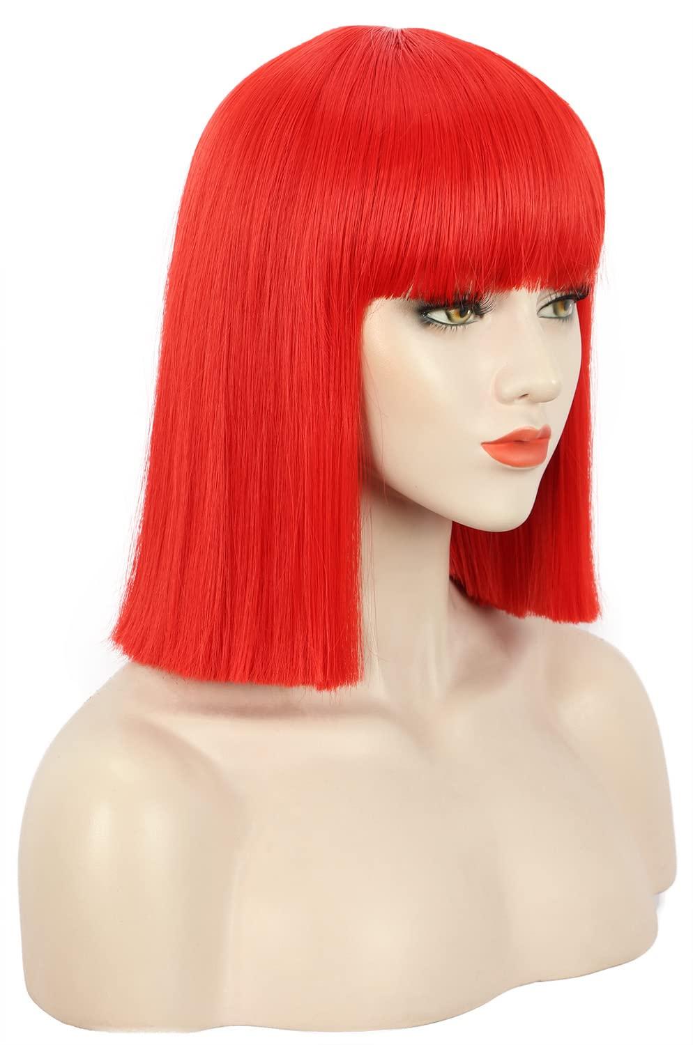 image:imagekarlery Adult Straight Short Hair Red Bob Wig with Flat Bangs Synthetic Wig Natural Looking Daily Halloween Cosplay Party Costume WigRed