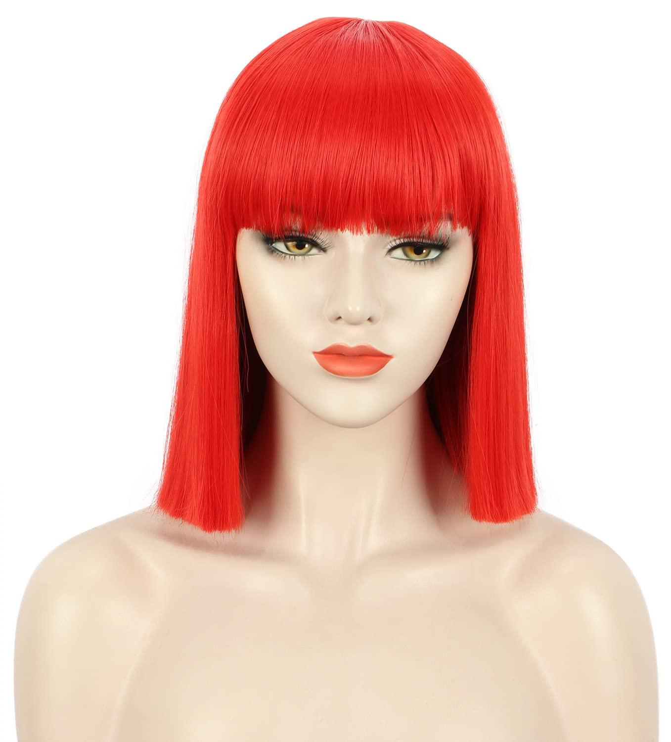 image:imagekarlery Adult Straight Short Hair Red Bob Wig with Flat Bangs Synthetic Wig Natural Looking Daily Halloween Cosplay Party Costume WigRed