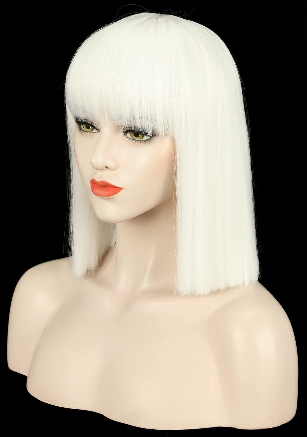 image:imagekarlery Adult Straight Short Hair Red Bob Wig with Flat Bangs Synthetic Wig Natural Looking Daily Halloween Cosplay Party Costume WigWhite