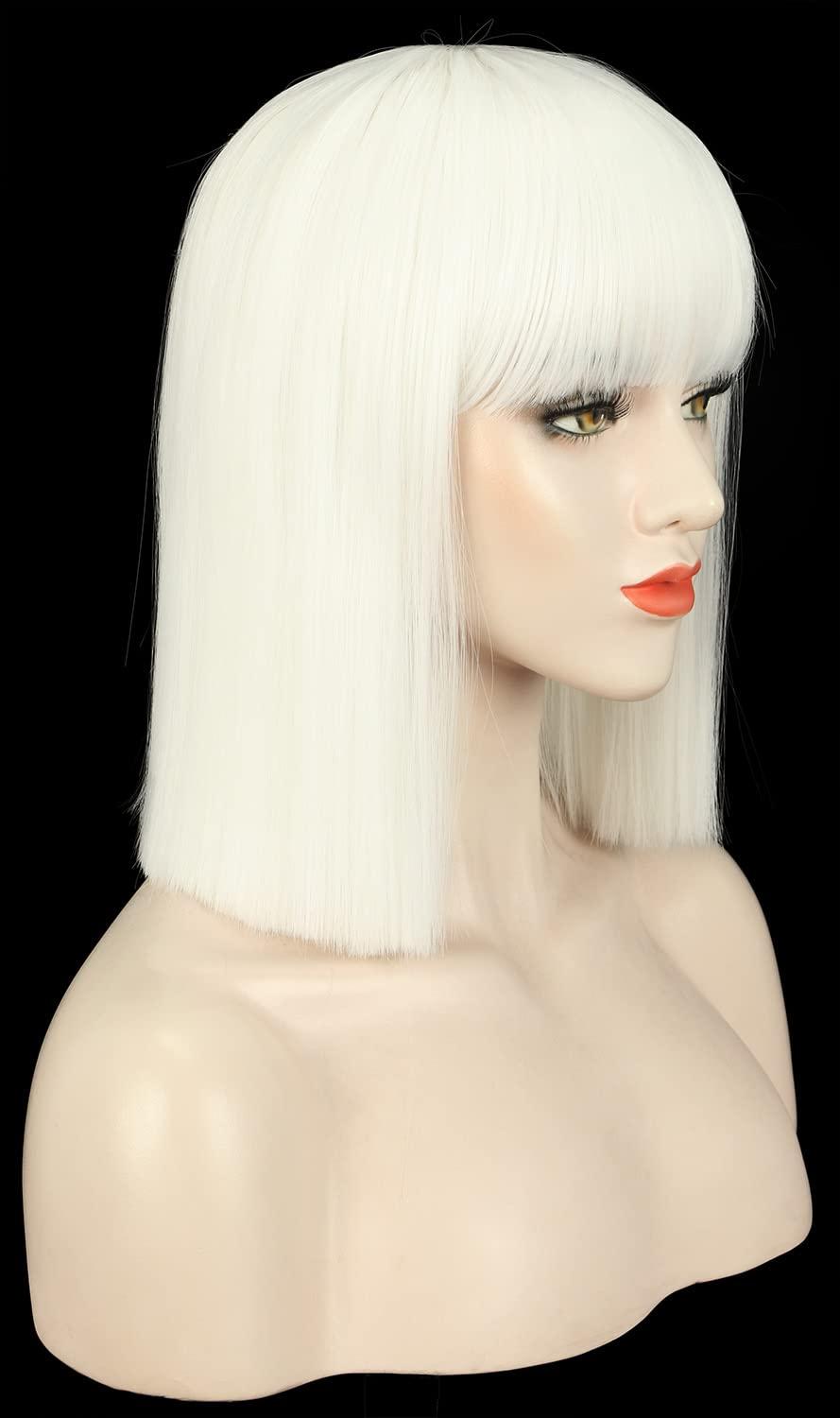 image:imagekarlery Adult Straight Short Hair Red Bob Wig with Flat Bangs Synthetic Wig Natural Looking Daily Halloween Cosplay Party Costume WigWhite