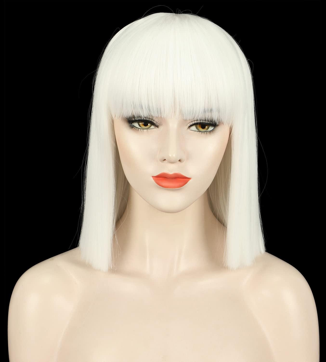 image:imagekarlery Adult Straight Short Hair Red Bob Wig with Flat Bangs Synthetic Wig Natural Looking Daily Halloween Cosplay Party Costume WigWhite