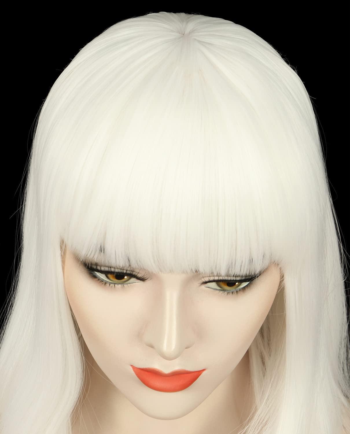 image:imagekarlery Adult Straight Short Hair Red Bob Wig with Flat Bangs Synthetic Wig Natural Looking Daily Halloween Cosplay Party Costume WigWhite