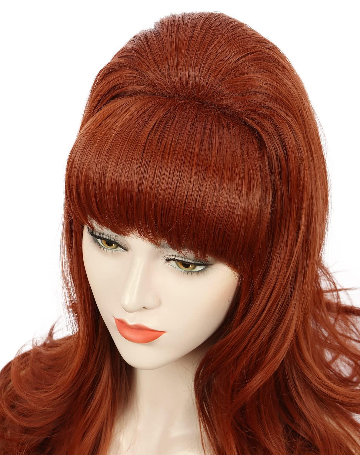 image:imagekarlery Adult Women Long Wavy Ginger Auburn Wig 60s 70s Big Red Bouffant Beehive Wig for Halloween Themed Costume Party