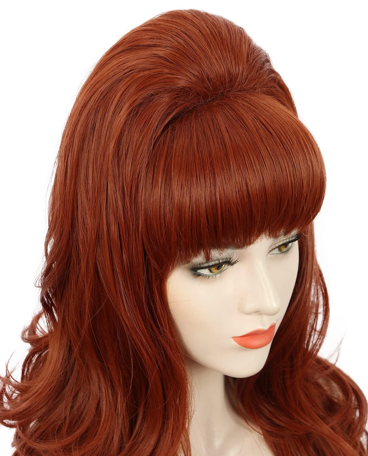 image:imagekarlery Adult Women Long Wavy Ginger Auburn Wig 60s 70s Big Red Bouffant Beehive Wig for Halloween Themed Costume Party