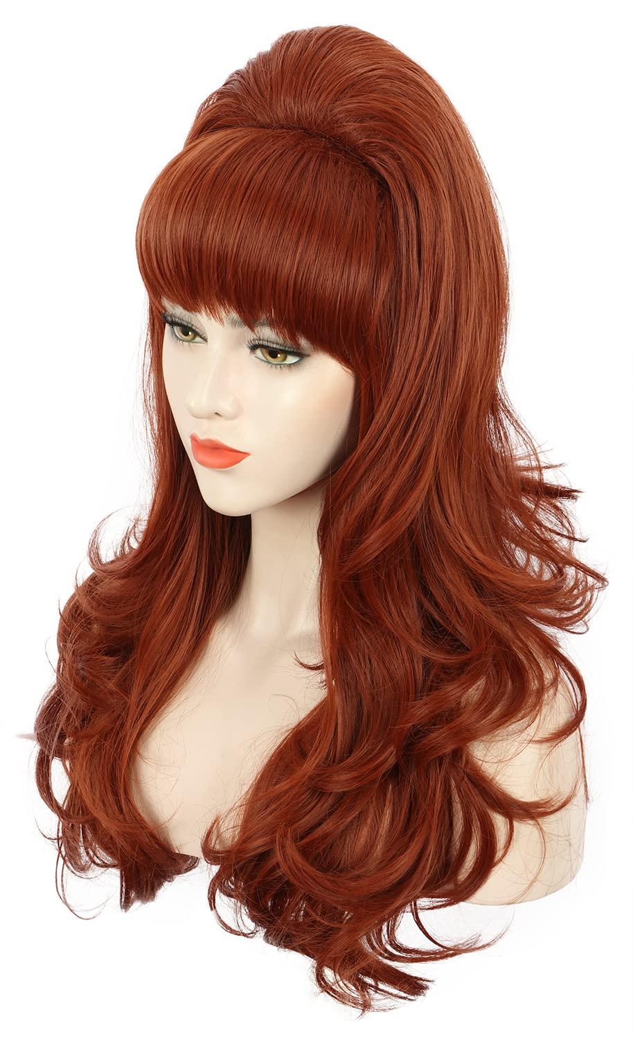 image:imagekarlery Adult Women Long Wavy Ginger Auburn Wig 60s 70s Big Red Bouffant Beehive Wig for Halloween Themed Costume Party