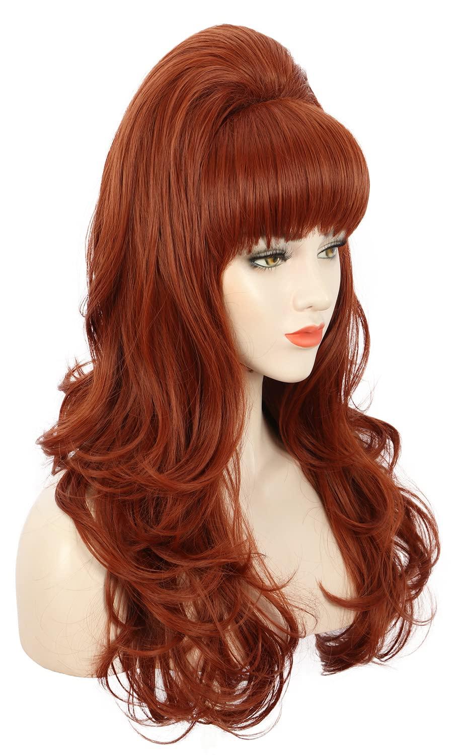 image:imagekarlery Adult Women Long Wavy Ginger Auburn Wig 60s 70s Big Red Bouffant Beehive Wig for Halloween Themed Costume Party