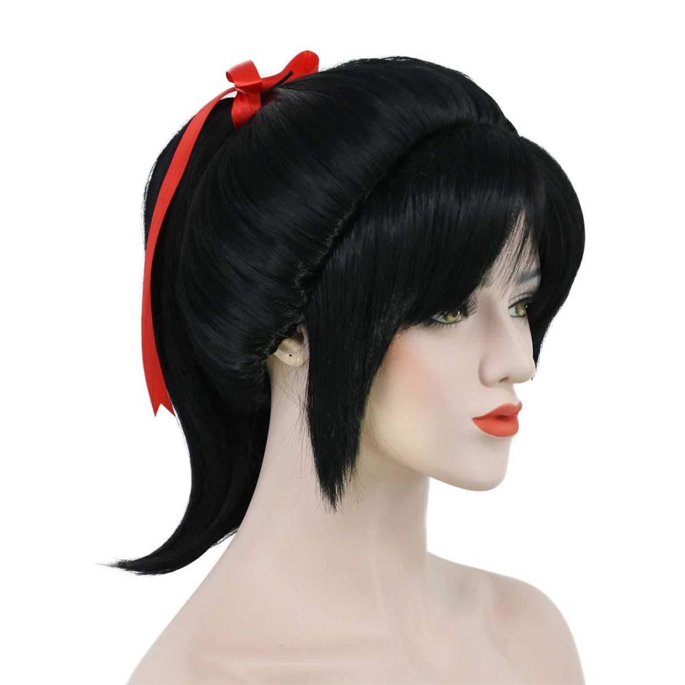image:imageKarlery Womens Short Wave Braided Black Ponytail Red Ribbon Anime Party Cosplay Halloween WigBlack