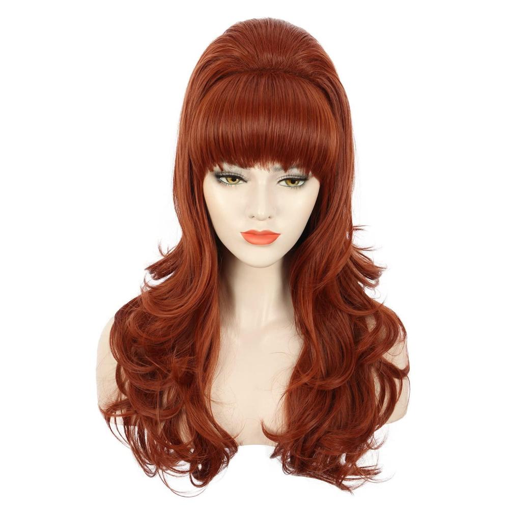 image:imagekarlery Adult Women Long Wavy Ginger Auburn Wig 60s 70s Big Red Bouffant Beehive Wig for Halloween Themed Costume Party