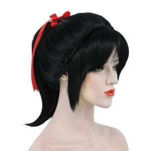 Karlery Women’s Short Wave Braided Black Ponytail Red Ribbon Anime Party Cosplay Halloween Wig(Black)