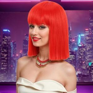 karlery Adult Straight Short Hair Red Bob Wig with Flat Bangs Synthetic Wig Natural Looking Daily Halloween Cosplay Party Costume Wig(Red)