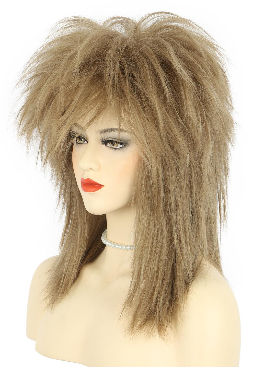 image:imagekarlery Women Men Long Curly Light Brown Wig with Necklace 70s 80s Rocker Mullet Costume Wig Halloween Cosplay Party Wig