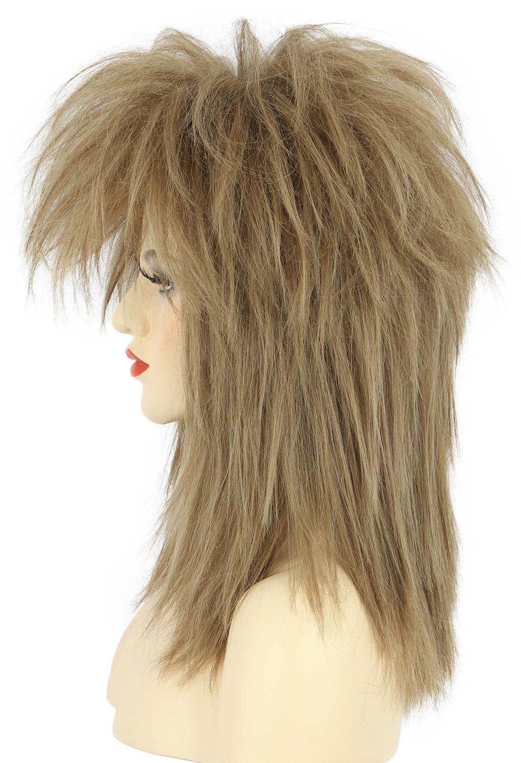 image:imagekarlery Women Men Long Curly Light Brown Wig with Necklace 70s 80s Rocker Mullet Costume Wig Halloween Cosplay Party Wig
